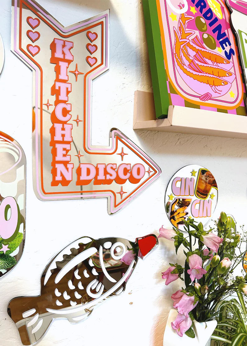 Retro Kitchen Disco Arrow Mirror Orange & Pink (2 Sizes)