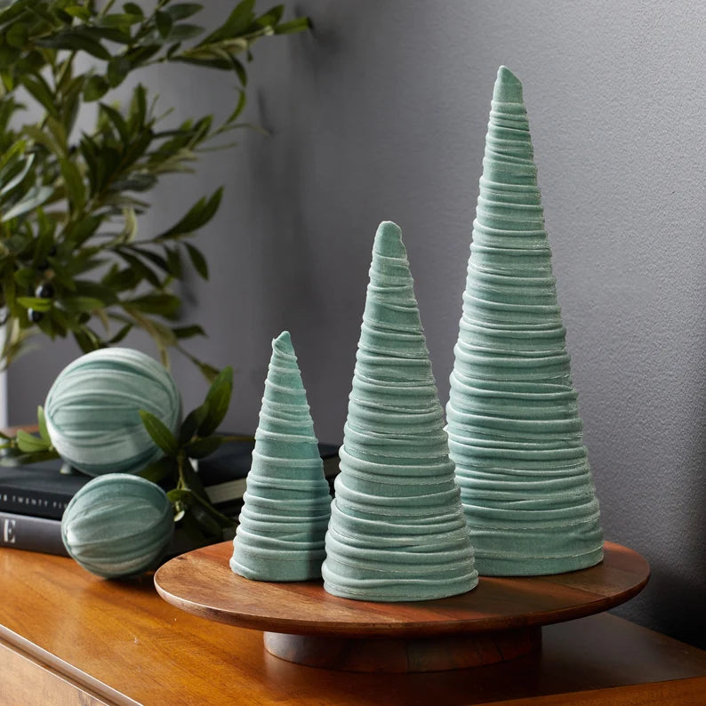 Sage velvet cones set of 3, everyday mantel décor, sage green tree decor, tablescape, wedding centerpiece, modern farmhouse, minimalist